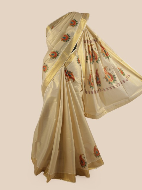 

Pothys Gold-Toned & Red Floral Pure Cotton Kasavu Saree