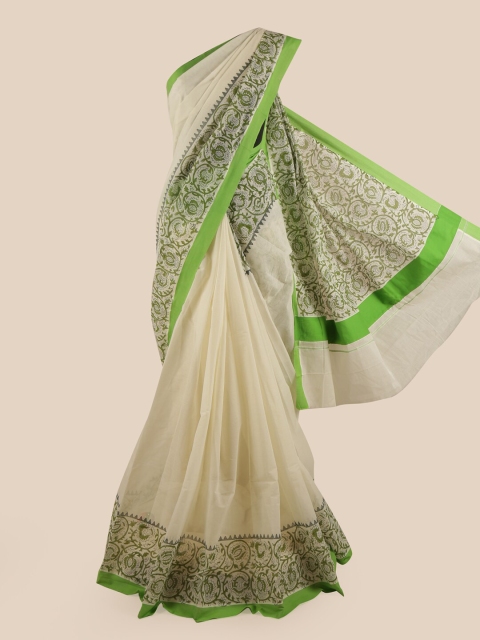 

Pothys Off White & Green Floral Pure Cotton Kasavu Saree
