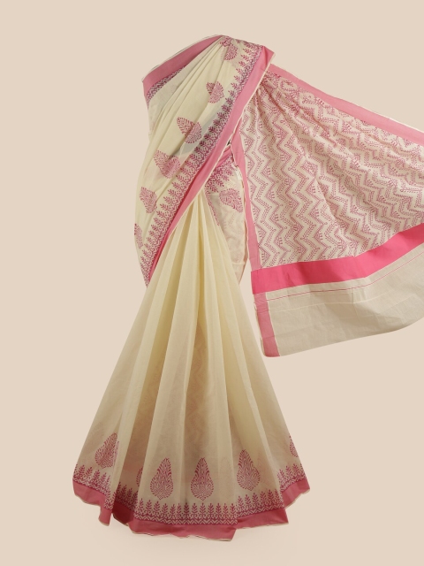 

Pothys Off White & Pink Ethnic Motifs Pure Cotton Kasavu Saree
