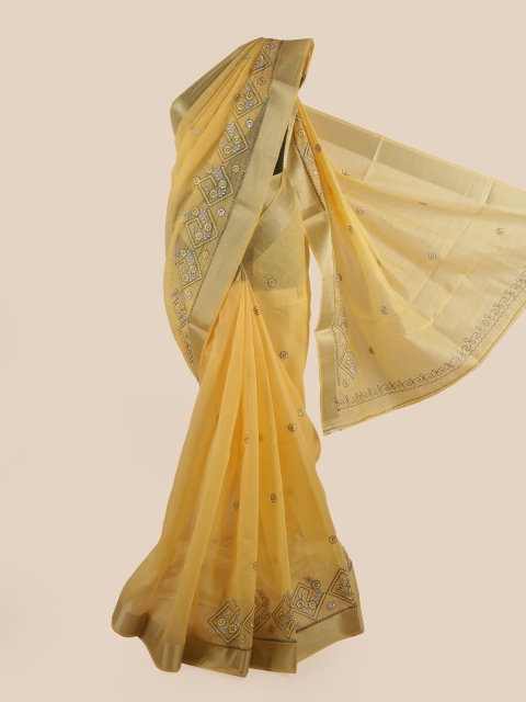 

Pothys Yellow Floral Chanderi Cotton Saree