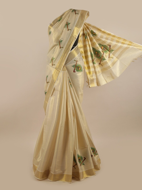 

Pothys Gold-Toned & Green Ethnic Motifs Pure Cotton Kasavu Saree