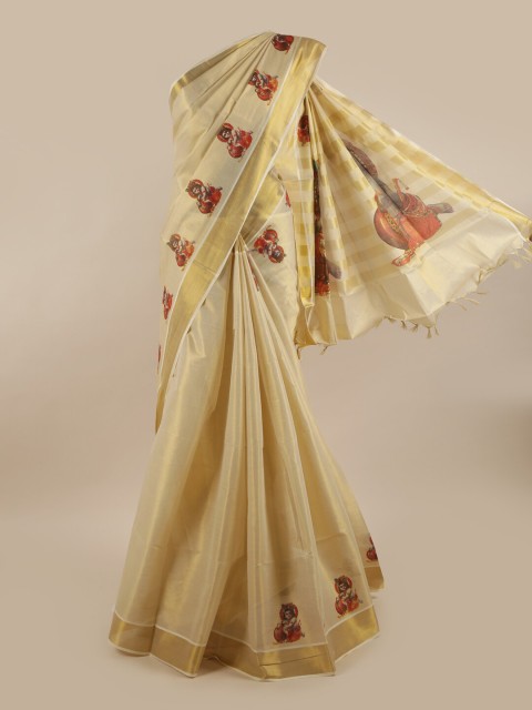 

Pothys Gold-Toned & Red Pure Cotton Kasavu Saree