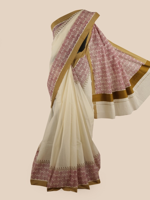 

Pothys Off White & Pink Ethnic Motifs Pure Cotton Kasavu Saree