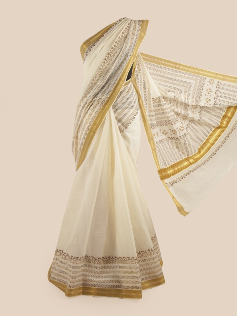 

Pothys Off White & Beige Floral Pure Cotton Kasavu Saree