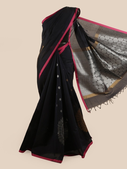 

Pothys Navy Blue & Silver-Toned Floral Silk Cotton Saree