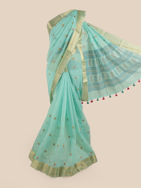 

Pothys Blue & Gold-Coloured Floral Embroidered Zari Chanderi Saree
