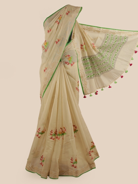 

Pothys Cream-Coloured & Green Ethnic Motifs Embroidered Chanderi Saree