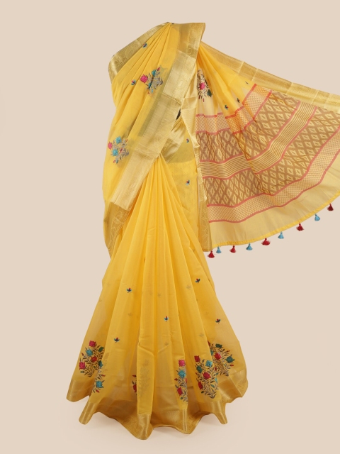 

Pothys Yellow & Gold-Coloured Floral Embroidered Chanderi Saree