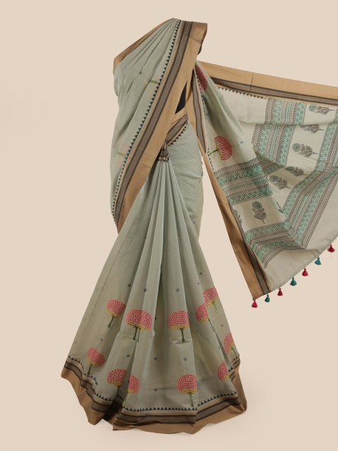 

Pothys Grey & Brown Ethnic Motifs Embroidered Chanderi Saree