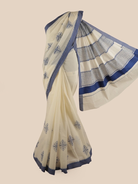 

Pothys Off White & Blue Ethnic Motifs Pure Cotton Kasavu Saree