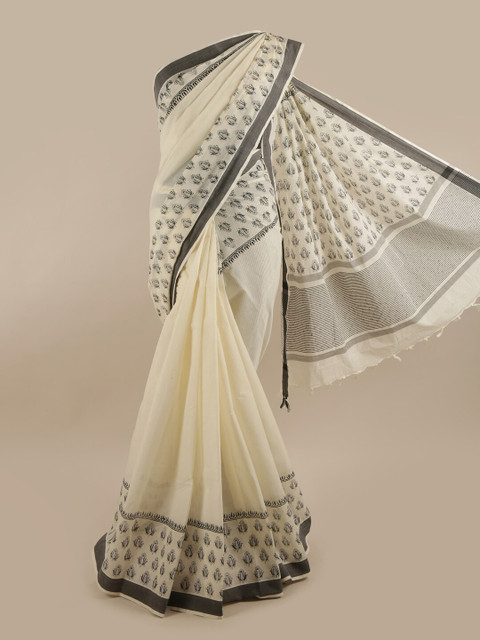 

Pothys Off White & Grey Ethnic Motifs Pure Cotton Kasavu Saree