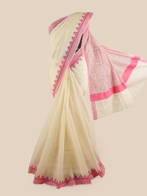 

Pothys Off White & Pink Pure Cotton Kasavu Saree