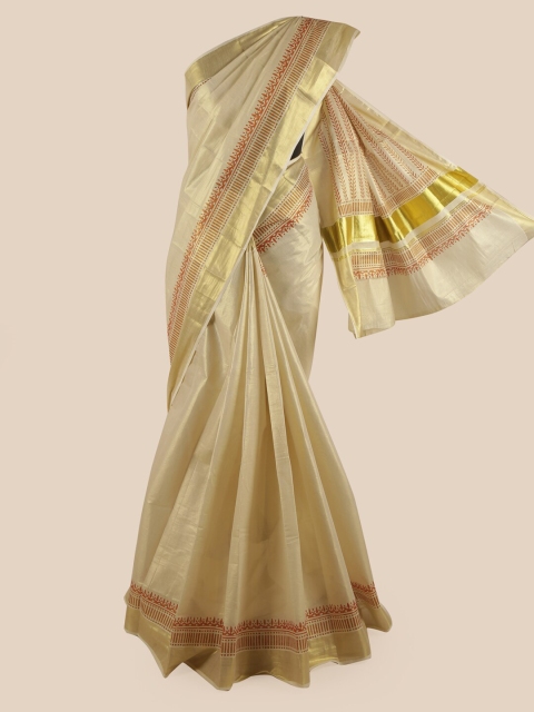 

Pothys Gold-Coloured & Orange Zari Pure Cotton Kasavu Saree