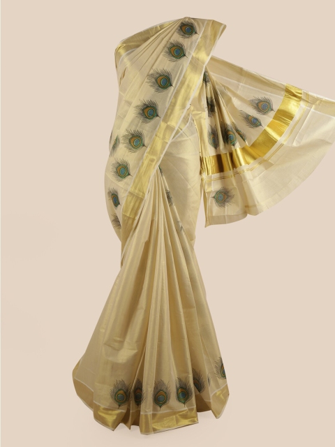 

Pothys Gold-Coloured & Blue Ethnic Motifs Zari Pure Cotton Kasavu Saree