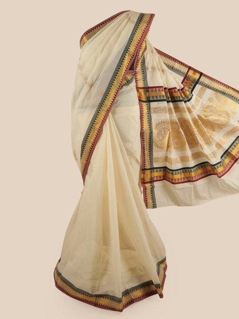 

Pothys Off White & Gold-Coloured Zari Pure Cotton Kasavu Saree