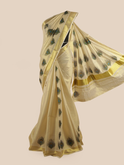 

Pothys Gold-Coloured & Blue Ethnic Motifs Zari Pure Cotton Kasavu Saree