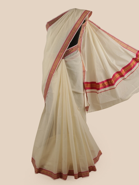 

Pothys Off White & Pink Zari Pure Cotton Kasavu Saree