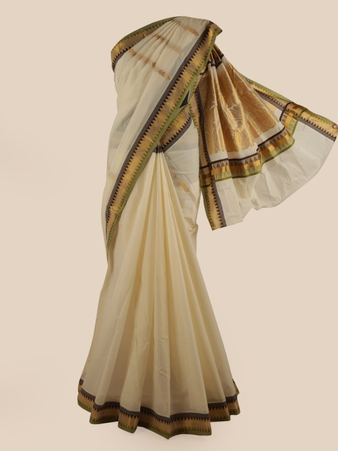

Pothys Off White & Gold-Coloured Ethnic Motifs Zari Pure Cotton Kasavu Saree
