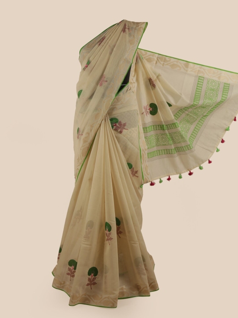 

Pothys Cream-Coloured & Green Ethnic Motifs Embroidered Chanderi Saree
