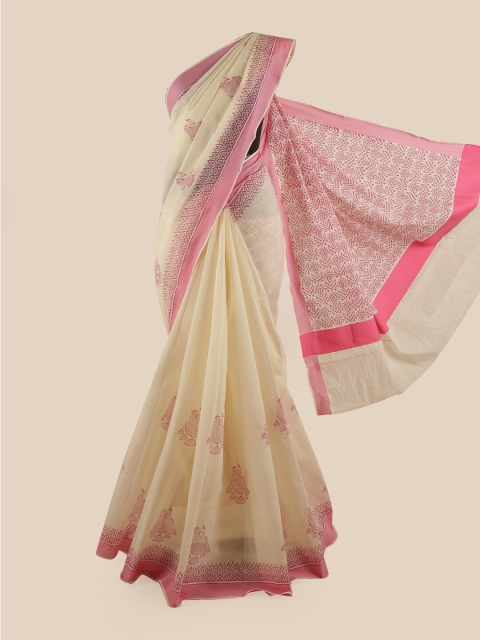 

Pothys Off White & Pink Ethnic Motifs Pure Cotton Kasavu Saree