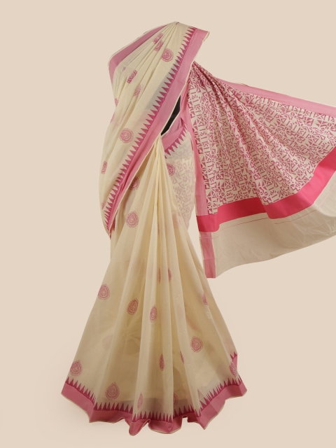 

Pothys Off White & Pink Ethnic Motifs Pure Cotton Kasavu Saree