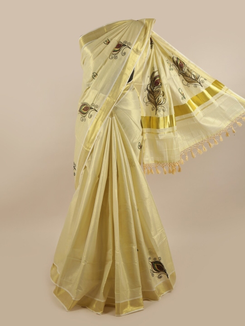 

Pothys Gold-Coloured Ethnic Motifs Embroidered Pure Cotton Kasavu Saree