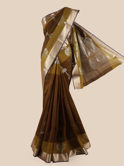 

Pothys Olive Green & Brown Ethnic Motifs Zari Silk Cotton Saree
