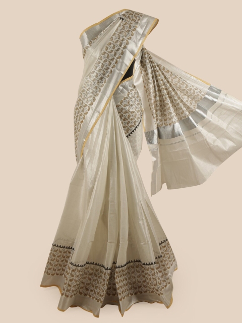

Pothys Silver-Coloured & Yellow Ethnic Motifs Zari Pure Cotton Kasavu Saree