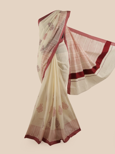 

Pothys Off White & Maroon Ethnic Motifs Pure Cotton Kasavu Saree