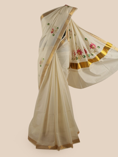 

Pothys Off White & Gold-Coloured Ethnic Motifs Embroidered Pure Cotton Kasavu Saree