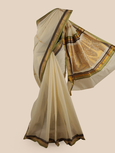 

Pothys Off White & Gold-Coloured Ethnic Motifs Zari Pure Cotton Kasavu Saree