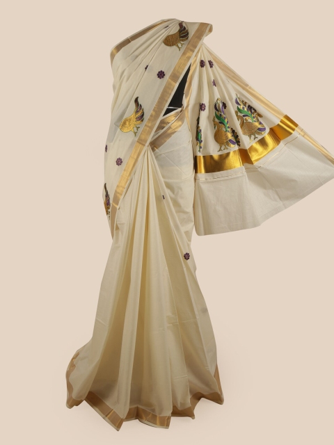 

Pothys Off White & Gold-Coloured Ethnic Motifs Embroidered Pure Cotton Kasavu Saree