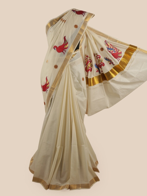 

Pothys Off White & Gold-Coloured Ethnic Motifs Embroidered Pure Cotton Kasavu Saree