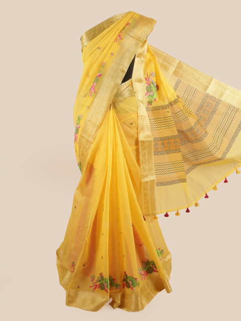 

Pothys Yellow & Gold-Coloured Floral Embroidered Chanderi Saree