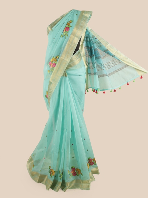 

Pothys Blue & Gold-Coloured Floral Embroidered Chanderi Saree