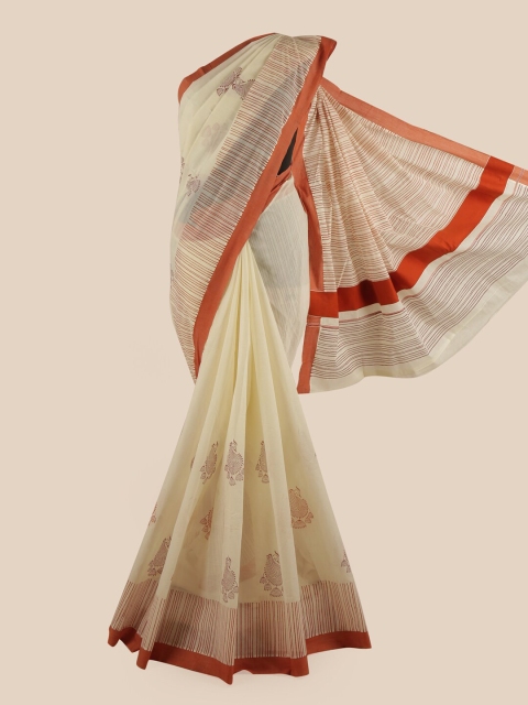 

Pothys Off White & Rust Ethnic Motifs Pure Cotton Kasavu Saree