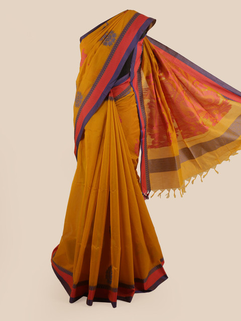 

Pothys Mustard Yellow & Orange Ethnic Motifs Silk Cotton Saree