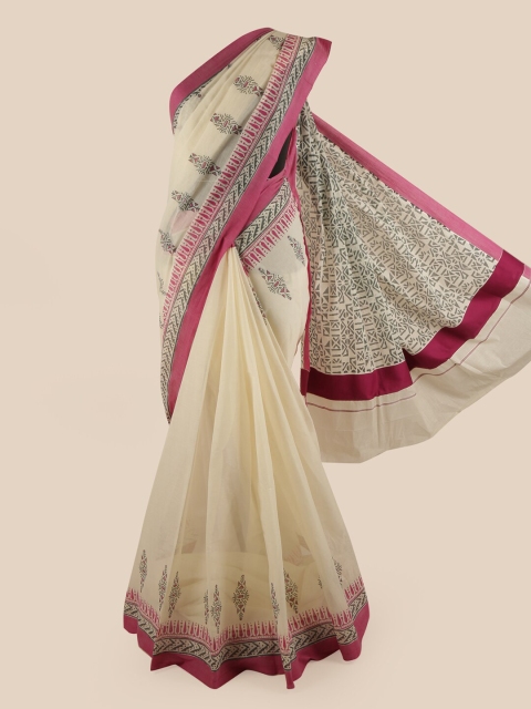 

Pothys Off White & Pink Ethnic Motifs Pure Cotton Kasavu Saree