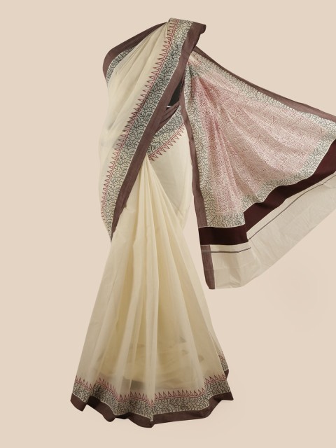 

Pothys Off White & Brown Pure Cotton Kasavu Saree