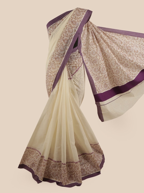 

Pothys Off White & Purple Floral Pure Cotton Kasavu Saree