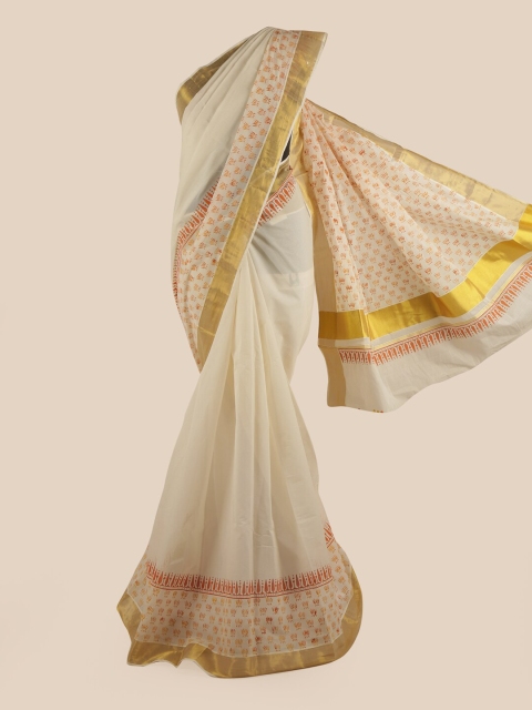 

Pothys Off White & Orange Ethnic Motifs Pure Cotton Kasavu Saree