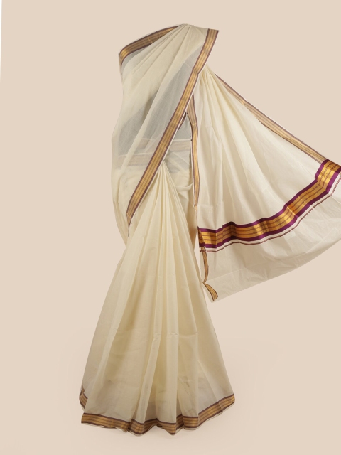 

Pothys Off White & Purple Pure Cotton Kasavu Saree