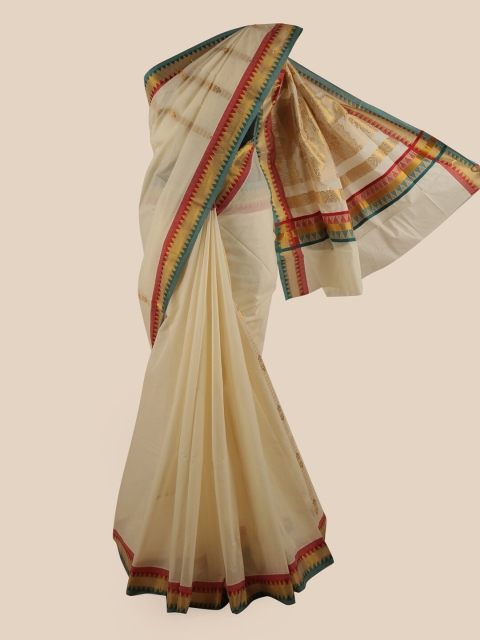 

Pothys Off White & Gold-Coloured Ethnic Motifs Zari Pure Cotton Kasavu Saree