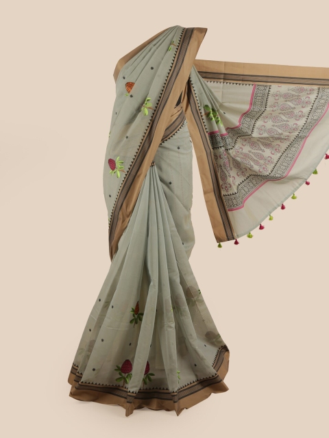 

Pothys Grey & Brown Floral Embroidered Chanderi Saree