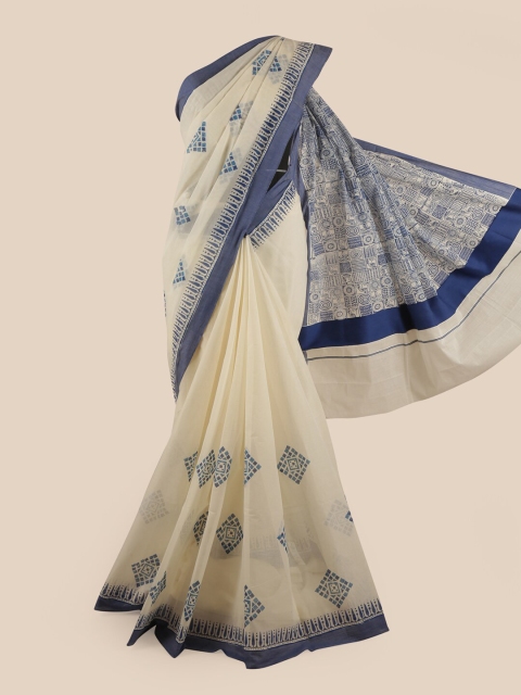 

Pothys Off White & Blue Ethnic Motifs Pure Cotton Kasavu Saree