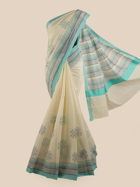 

Pothys Off White & Blue Ethnic Motifs Pure Cotton Kasavu Saree