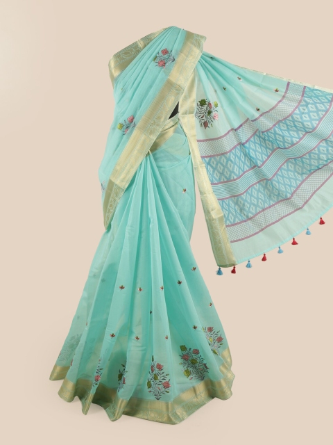 

Pothys Blue & Gold-Coloured Floral Embroidered Chanderi Saree