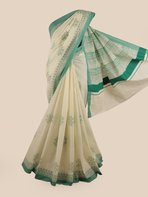 

Pothys Off White & Green Ethnic Motifs Pure Cotton Kasavu Saree