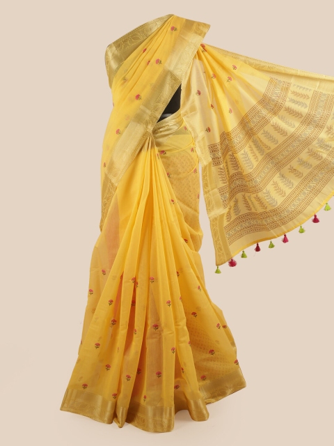 

Pothys Yellow & Gold-Coloured Floral Embroidered Chanderi Saree