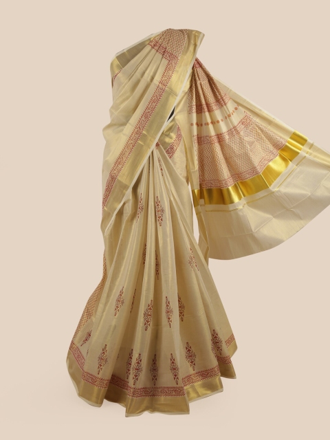 

Pothys Gold-Coloured & Red Ethnic Motifs Zari Pure Cotton Kasavu Saree